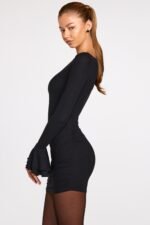 Ribbed Modal Long-Sleeve Draped Mini Dress in Black - Image 4