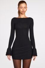 Ribbed Modal Long-Sleeve Draped Mini Dress in Black - Image 8