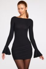 Ribbed Modal Long-Sleeve Draped Mini Dress in Black - Image 6