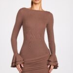 Ribbed Modal Long-Sleeve Draped Mini Dress in Mocha