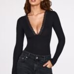 Ribbed Modal Long-Sleeve Plunge Bodysuit in Black