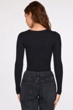 Ribbed Modal Long-Sleeve Plunge Bodysuit in Black - Image 3