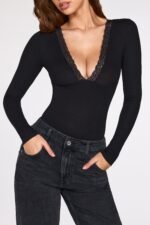 Ribbed Modal Long-Sleeve Plunge Bodysuit in Black - Image 2