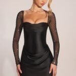 Embellished Long-Sleeve Draped Mini Dress in Black