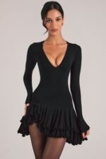 V-Neck Ruffle Skirt Mini Dress in Black - Image 8