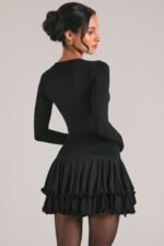 V-Neck Ruffle Skirt Mini Dress in Black - Image 2