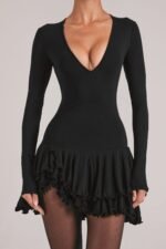 V-Neck Ruffle Skirt Mini Dress in Black - Image 4
