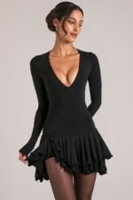 V-Neck Ruffle Skirt Mini Dress in Black - Image 9