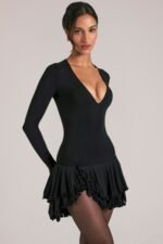 V-Neck Ruffle Skirt Mini Dress in Black - Image 10