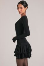 V-Neck Ruffle Skirt Mini Dress in Black - Image 7