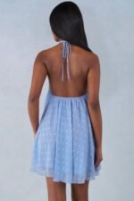 Halterneck Babydoll Mini Dress in Blue Polka Dot Print - Image 5