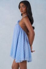 Halterneck Babydoll Mini Dress in Blue Polka Dot Print - Image 3