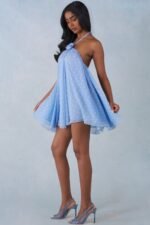 Halterneck Babydoll Mini Dress in Blue Polka Dot Print - Image 7