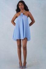 Halterneck Babydoll Mini Dress in Blue Polka Dot Print - Image 8