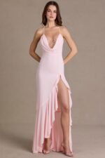 Chiffon Cowl-Neck Open-Back Gown in Baby Pink - Image 5