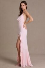 Chiffon Cowl-Neck Open-Back Gown in Baby Pink - Image 3