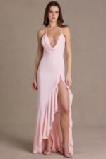 Chiffon Cowl-Neck Open-Back Gown in Baby Pink - Image 2