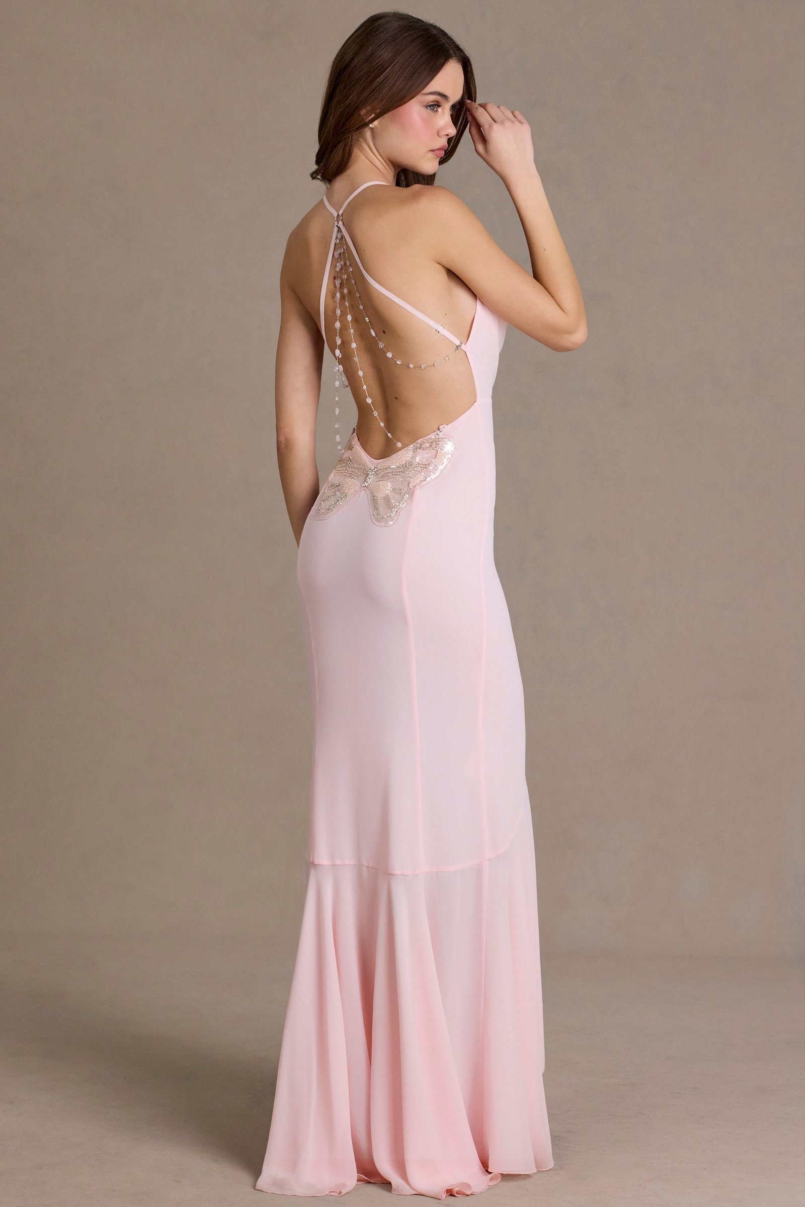 15978-BabyPink_Emmeline_7 Chiffon Cowl-Neck Open-Back Gown in Baby Pink - Image 1
