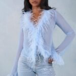 Feather Trim Sheer Top in Soft Blue