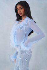 Feather Trim Sheer Top in Soft Blue - Image 3