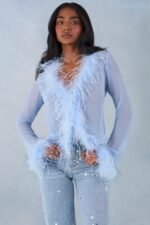 Feather Trim Sheer Top in Soft Blue - Image 6