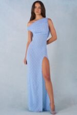 One-Shoulder Maxi Dress in Blue Polka Dot Print - Image 7