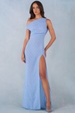 One-Shoulder Maxi Dress in Blue Polka Dot Print - Image 9