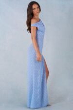 One-Shoulder Maxi Dress in Blue Polka Dot Print - Image 6