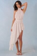 Halterneck Asymmetric Maxi Dress in Ivory Polka Dot Print - Image 5
