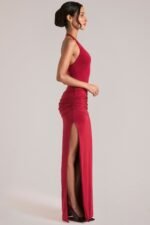 Deep Plunge Halterneck Maxi Dress in Cherry Red - Image 3