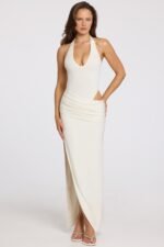 Deep Plunge Halterneck Maxi Dress in White