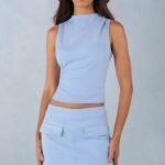 Faux Suede Turtleneck Top  in Soft Blue