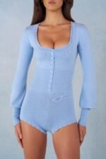 Knit Long-Sleeve Romper in Soft Blue - Image 4