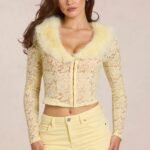 Lace Faux-Fur-Trim Cardigan in Lemon Yellow