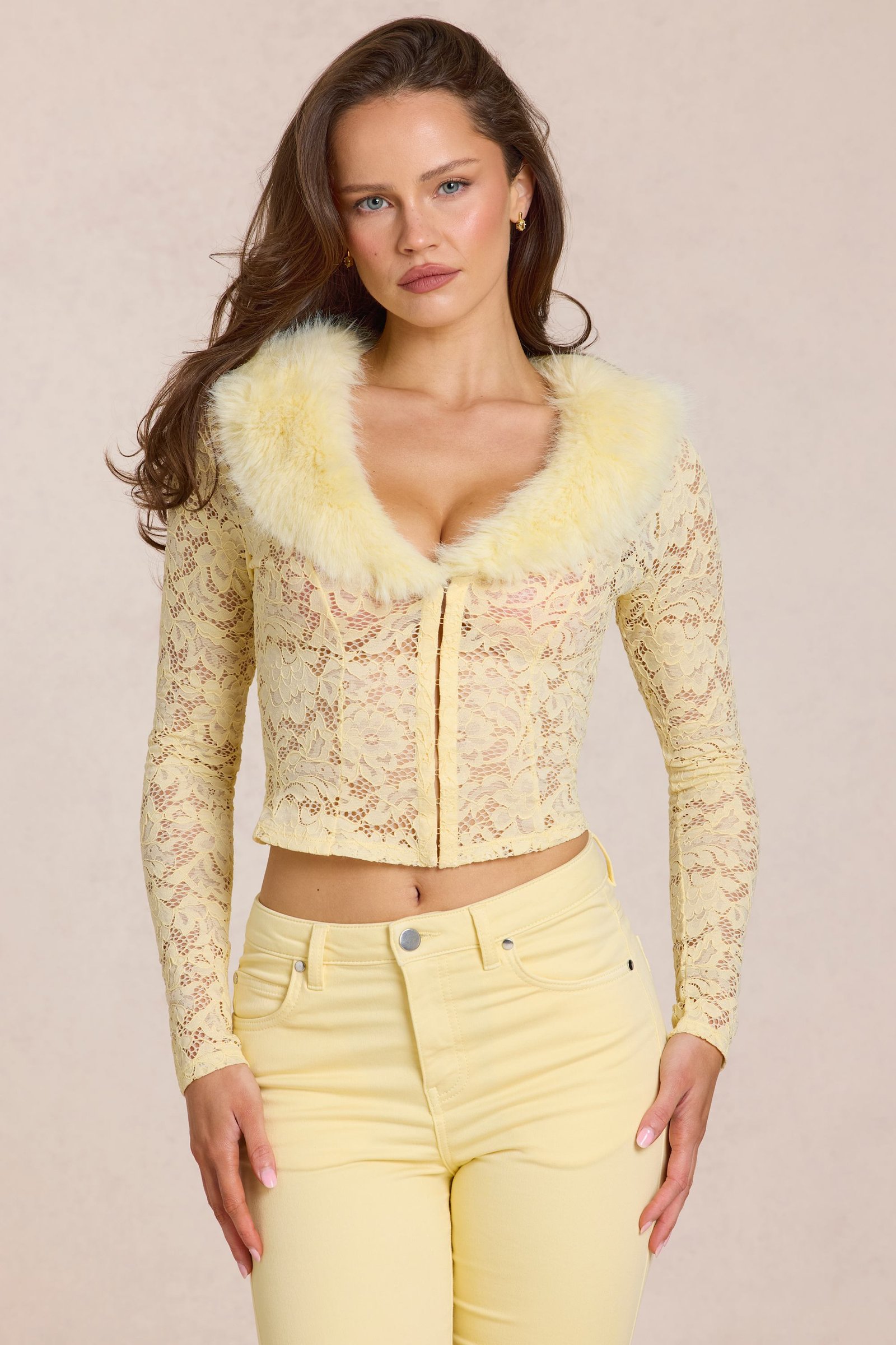 16146-LemonYellow_Elirae_2680 Lace Faux-Fur-Trim Cardigan in Lemon Yellow - Image 1