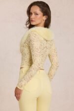 Lace Faux-Fur-Trim Cardigan in Lemon Yellow - Image 2