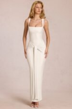 Square-Neck Tie-Gather Maxi Dress in Pearl - Image 4