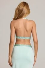 Embellished Deep Plunge Halterneck Top  in Aqua Blue - Image 3