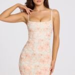 Embellished Square-Neck Mini Dress in Peach Ombre