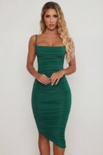 Cowl Neck Ruched Bodycon Midi Dress in Green