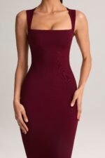 Modal Square-Neck Bodycon Midi Dress in Wine - Image 6