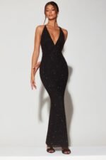 Embellished Plunge Halter Neck Evening Gown in Black - Image 8