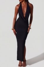 Plunge Cowl Neck Floor Length Dress in Black - Image 5