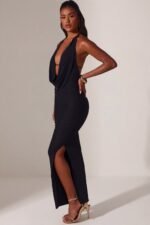 Plunge Cowl Neck Floor Length Dress in Black - Image 3