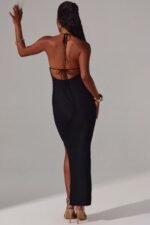Plunge Cowl Neck Floor Length Dress in Black - Image 2