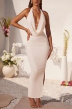 Plunge Cowl Neck Floor Length Dress in Ivory - Image 9