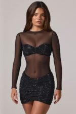 Sheer Embellished High-Neck Long Sleeve Mini Dress in Black