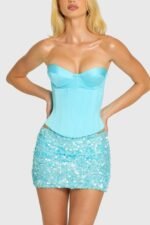 Satin Lace-Up Corset Top in Aquamarine - Image 3