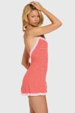 Modal Lace-Trim Mini Dress in Red Gingham - Image 3