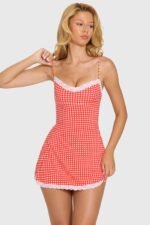 Modal Lace-Trim Mini Dress in Red Gingham - Image 7